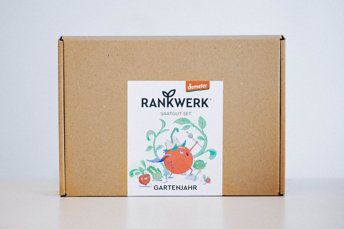 Bio Saatgut-Box „Gartenjahr“ mit Saatgut, Dünger, Kokosquelltabletten, Anleitungsbuch