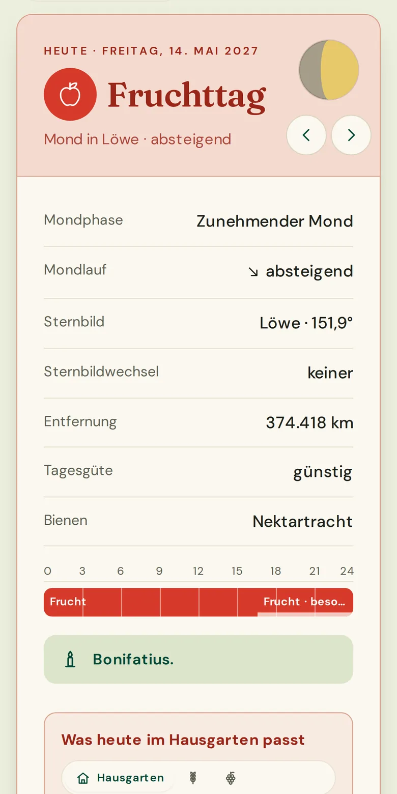 Die Kalender-App am Handy: Fruchttag am 14. Mai 2027