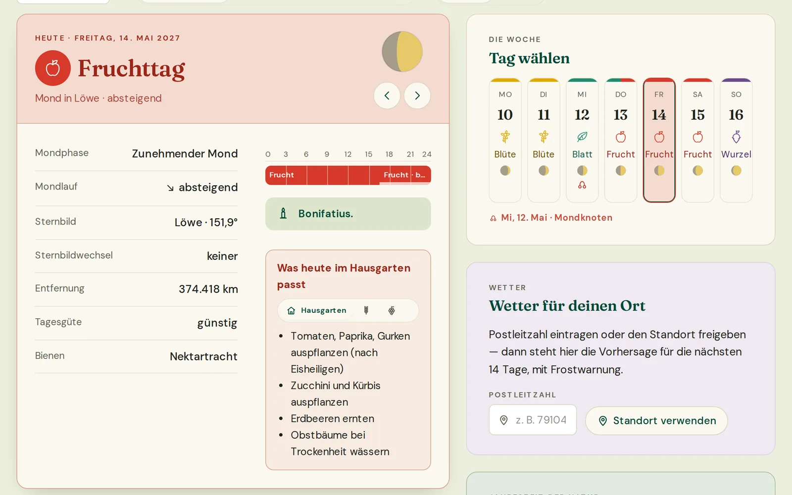 Tagesansicht der Kalender-App am Freitag, 14. Mai 2027: Fruchttag, Mond in Löwe, absteigend, daneben die Woche