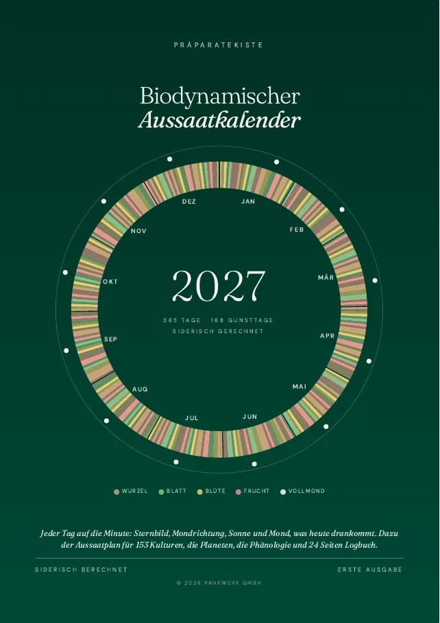 Cover of the Biodynamic Sowing Calendar 2027, dark green with an annual ring of coloured strokes