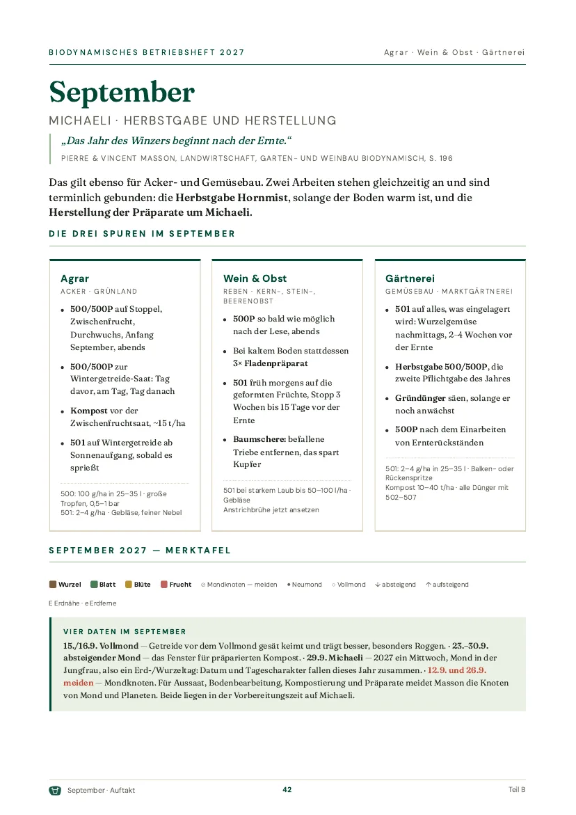 Seite 42 des Betriebshefts, September mit den drei Spuren
