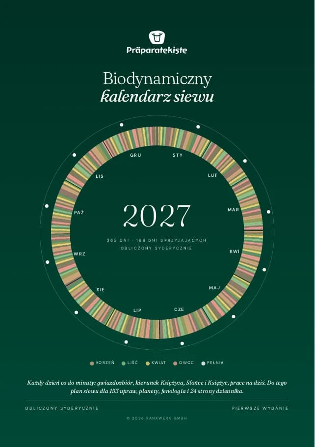Okładka Biodynamicznego kalendarza siewu 2027 z pierścieniem roku z 365 kolorowych kresek