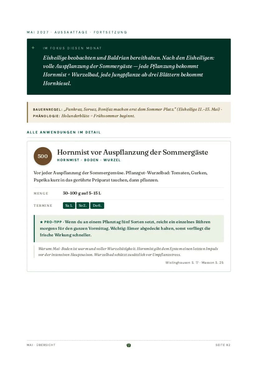 Seite 82 des Handbuchs, Anwendungen im Mai mit Hornmist vor der Auspflanzung