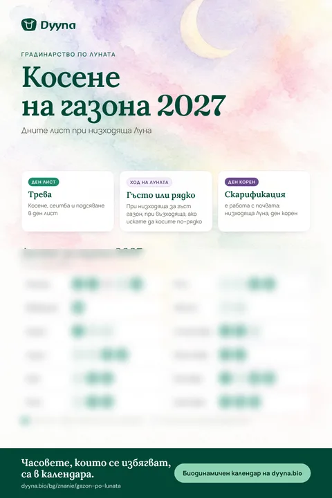 Инфографика „Косене на газона 2027“: подходящите дни месец по месец