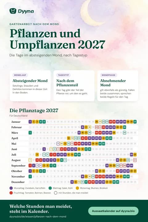 Infografik Pflanzen und Umpflanzen 2027: die passenden Tage Monat für Monat