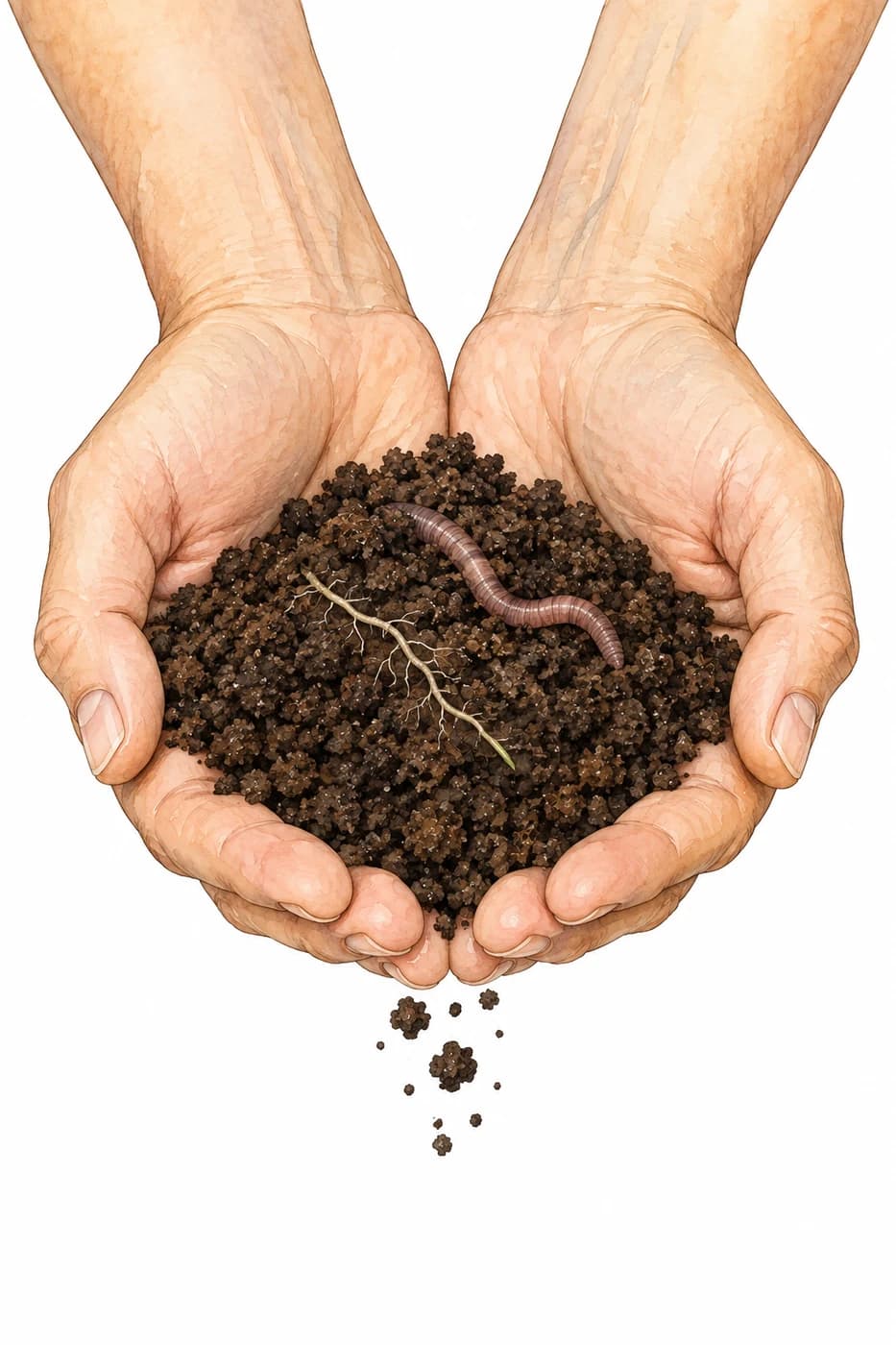 Two hands full of crumbly garden soil with an earthworm