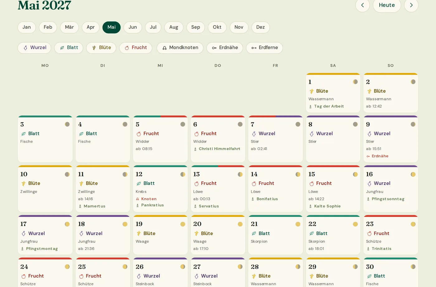 Die Monatsansicht Mai 2027 der Kalender-App: eine Kachel je Tag mit Tagestyp, Sternbild und Wechselzeit