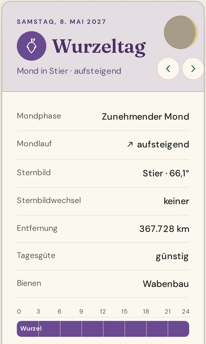 Die Tagesansicht der Kalender-App am Handy: Samstag, 8. Mai 2027, Wurzeltag, Mond in Stier, aufsteigend