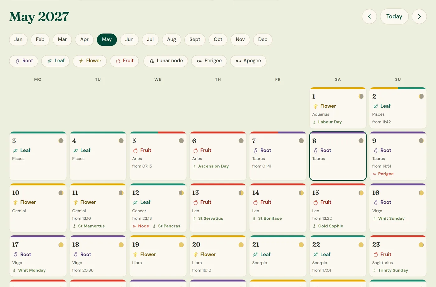 The May 2027 month view of the calendar app: one tile per day with day type, constellation and time of change