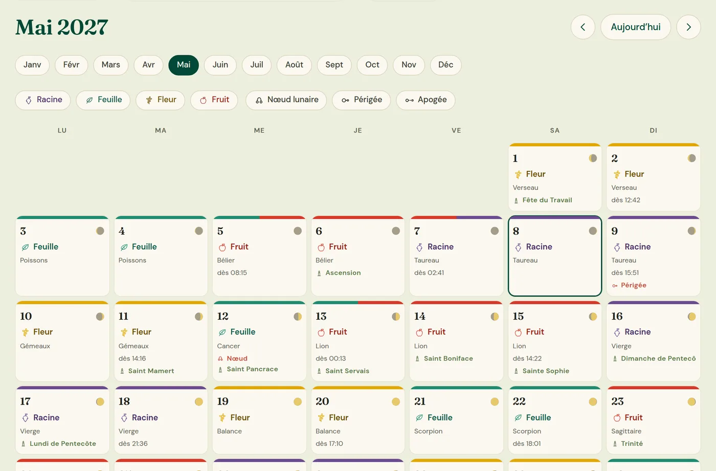 La vue mensuelle de mai 2027 dans l’application calendrier : une case par jour avec type de jour, constellation et heure du changement