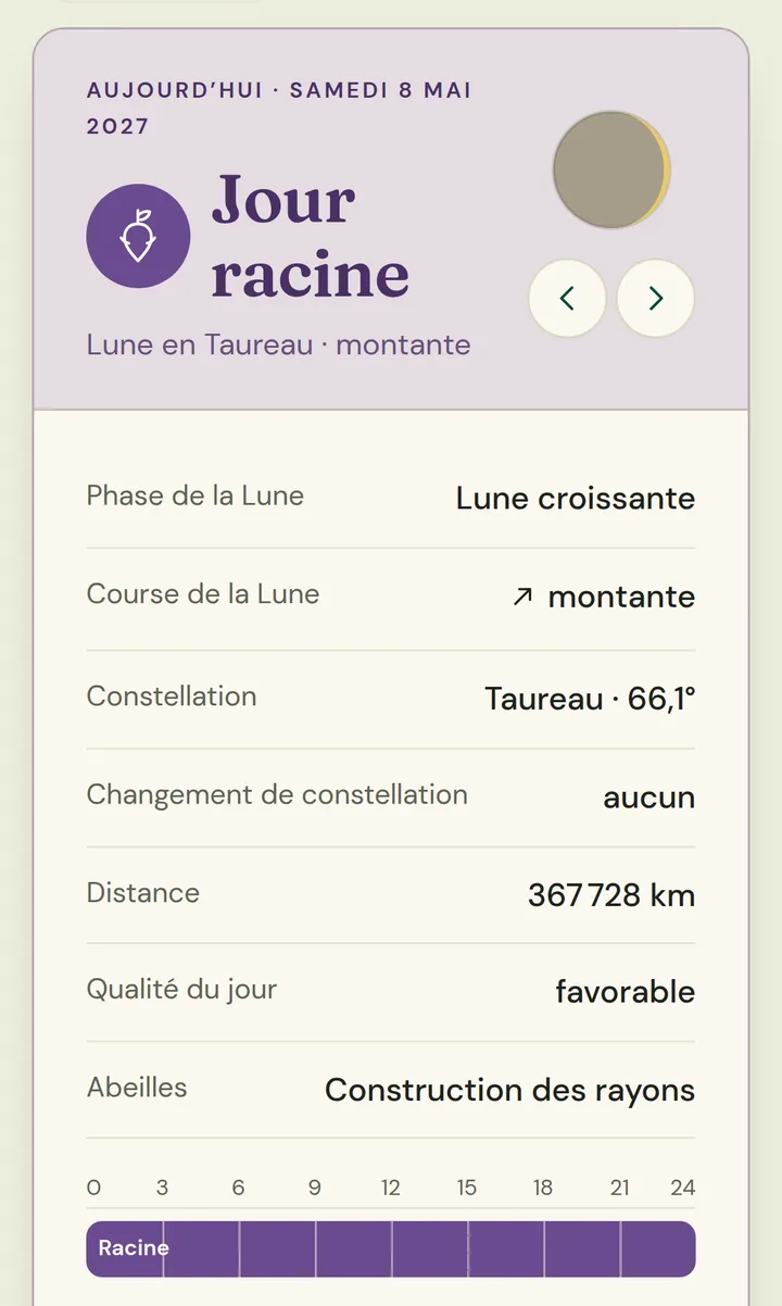 La vue du jour de l’application calendrier sur un téléphone : samedi 8 mai 2027, jour racine, Lune en Taureau, montante
