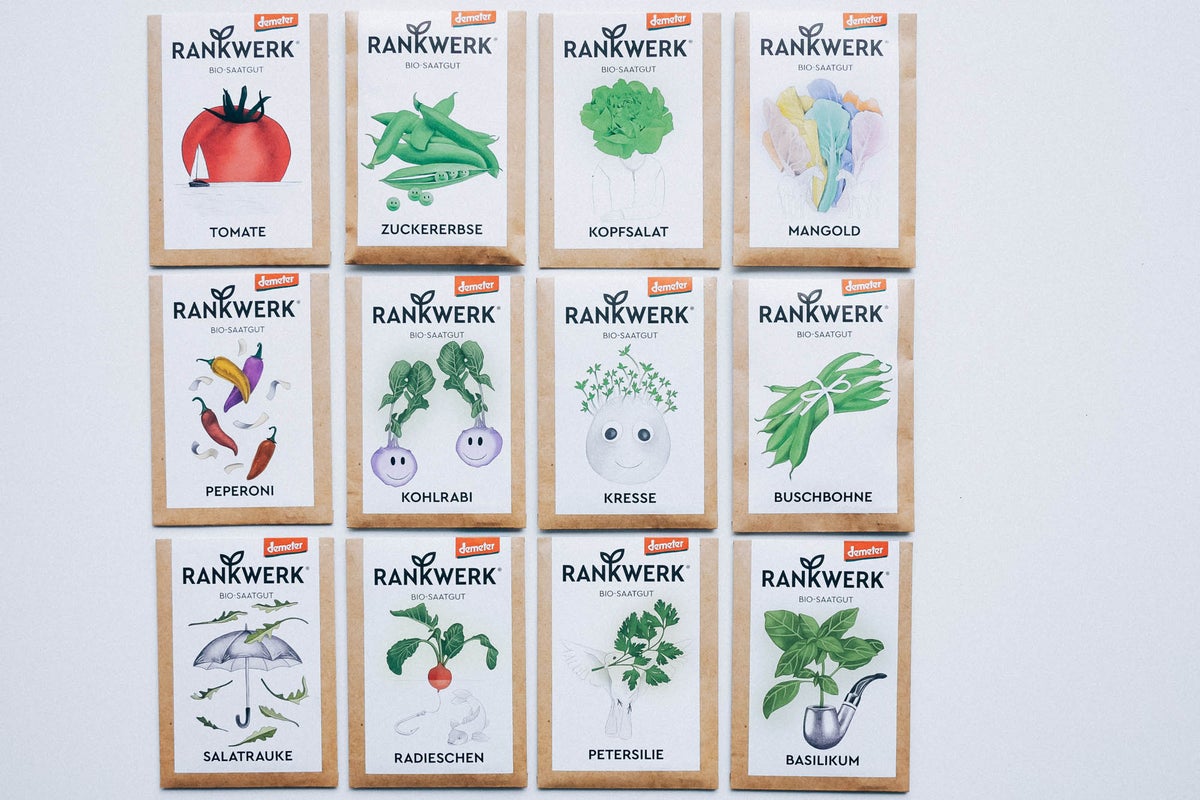 Bio Saatgut-Box „Gartenjahr“ mit Saatgut, Dünger, Kokosquelltabletten, Anleitungsbuch